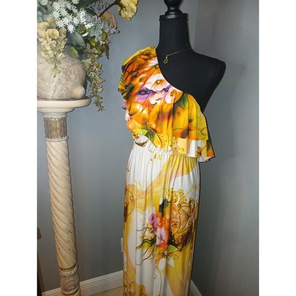 Nawty Fox One Shoulder Maxi Dress Womens XL Multi Floral Summer Layered Ruffle - Picture 1 of 6